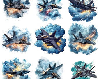 Puede incluir: Nueve ilustraciones digitales de aviones de combate volando a través de nubes tormentosas. Cada avión se representa en una pose diferente, con rayos y nubes que lo rodean.