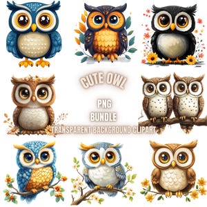 Ensemble de 49 cliparts PNG adorable hibou, sublimation aquarelle bébé mignon hibou, illustration de hibou de dessin animé, conception de T-shirt imprimable, usage Commercial