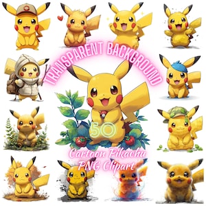 Könnte beinhalten: Eine Sammlung von 50 Cartoon-Pikachu-PNG-Clipart-Bildern. Die Bilder zeigen Pikachu in verschiedenen Posen und Outfits, darunter ein Wanderer, ein Koch und ein Pilot. Die Bilder sind perfekt für den Einsatz in digitalen Projekten wie Websites, sozialen Medien und Präsentationen.