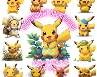 50 Pikachu Cartoon PNG Clipart Bundle, T-shirt Design (Commercial Use)