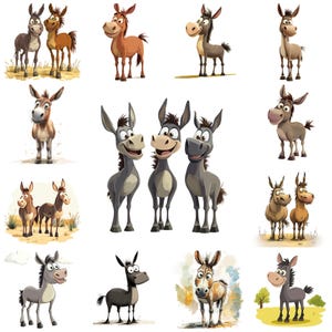 38 schrulligen Esel Clipart PNG Bundle, entzückende Esel Cartoon Illustration, wunderliche Esel Doodle Bild, süßes Esel Design, kommerzielle Nutzung