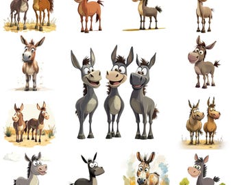 Quirky Donkey Cartoon Clipart PNG Bundle, Commercial Use (Digital Download)