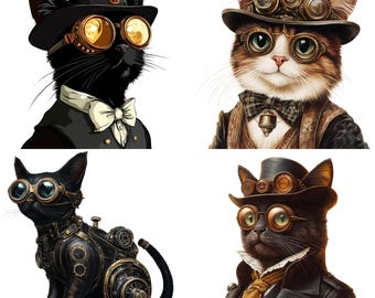 スチームパンク風猫のクリップアート集、ビクトリアンスタイル（PNG