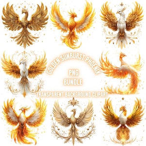 32 Golden Sunburst Phoenix PNG-clipartbundel, aquarel mystieke Firebird-afbeeldingen, tekening van etherische Phoenix, illustratie van stralende feniks