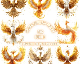 32 Golden Sunburst Phoenix PNG Clipart Bundle, Watercolor Mystical Firebird Images, Ethereal Phoenix Drawing, Radiant Phoenix Illustration