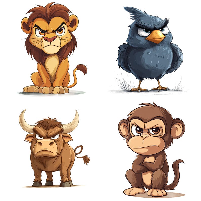 May include: A cartoon illustration of four angry animals: a lion cub, a blue bird, a brown bull, and a brown monkey. Each animal has a fierce expression on its face.