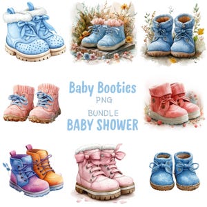 Baby Booties PNG Clipart Bundle, Watercolor Cute Baby Shower Illustration, Nursery Wall Art Print, 1st Birthday Sublimation, Commercial Use