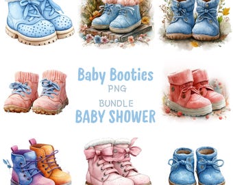 Baby Booties PNG Clipart Bundle, Watercolor Cute Baby Shower Illustration, Nursery Wall Art Print, 1st Birthday Sublimation, Commercial Use