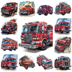 消防車 PNG クリップアート、53 枚のビンテージ消防車の透明な背景イラスト、消防車デジタル クラフト画像、商用利用