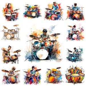 Paquete de 36 imágenes prediseñadas de batería PNG, imágenes de poses dinámicas de baterista en acuarela, creación de tarjetas con instrumentos de percusión, manualidades de papel, uso comercial