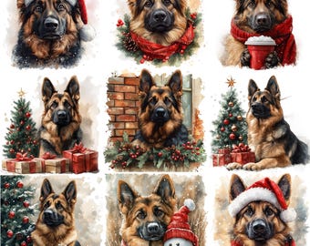 35 Christmas German Shepherd Dog PNG Clipart Bundle, Watercolor Xmas Shepherd Dog Illustration Card Making, Commercial Use, Festive Dog PNG