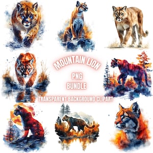 42 Mountain Lion PNG Clipart Bundle, Watercolor Mountain Lion Wild Life Landscape Illustration, Mountain Lion Sublimation, Commercial Use