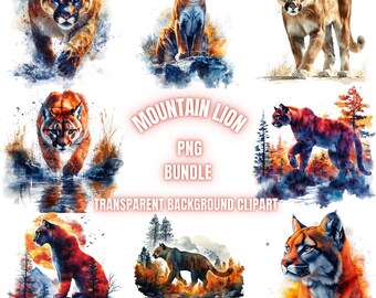 Bundle de 42 cliparts PNG, lion des montagnes aquarelle vie sauvage paysage, sublimation de putain de montagne, usage Commercial