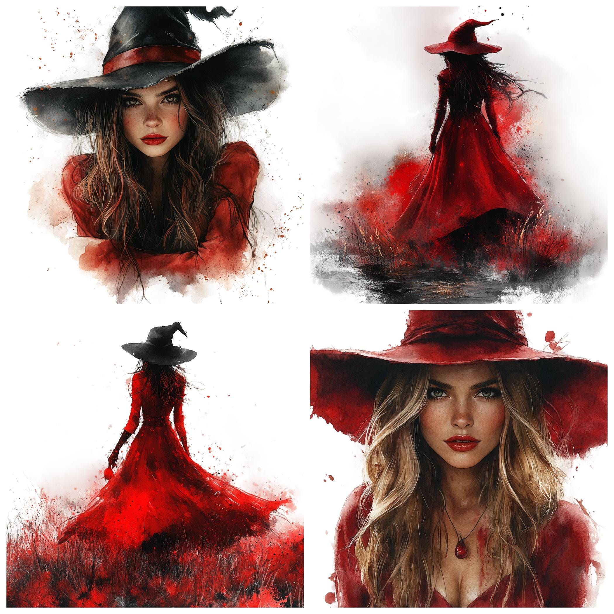 Crimson Witch Clipart Bundle, Watercolor Magic Images (PNG, Commercial ...