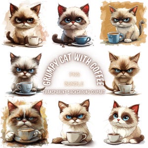 Paquete de 32 imágenes prediseñadas PNG de gato gruñón con café, sublimación de gato peculiar de acuarela con taza, creación de tarjetas de gato malhumorado con café expreso, uso comercial