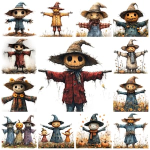 38 Quirky Scarecrow PNG Clipart Bundle, Watercolor Whimsical Scarecrow, Pumpkin Patch Scarecrow, Harvest Scarecrow, Commercial Use