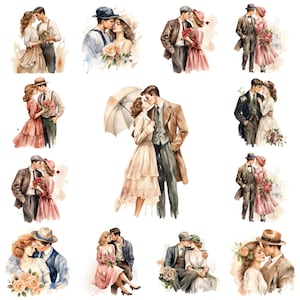 24 romantisch paar png-clipartbundel, aquarel vintage verliefde paar sublimatie, retro romantische datum illustratie, commercieel gebruik