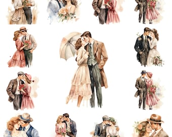 Imágenes prediseñadas de pareja vintage en acuarela, paquete romántico en formato PNG (descarga digital)