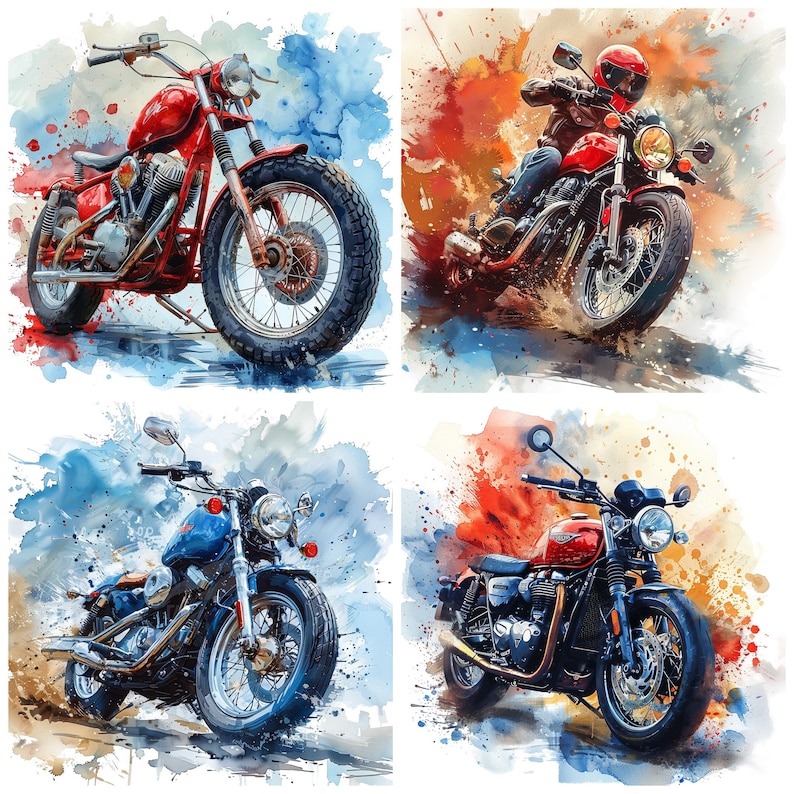 May include: Four watercolor paintings of motorcycles. Each painting features a different motorcycle with a unique design and color scheme. The motorcycles are set against a backdrop of watercolor washes, creating a sense of movement and speed.