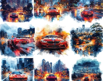 Aquarel stadsraceauto PNG clipart bundel (digitale download)