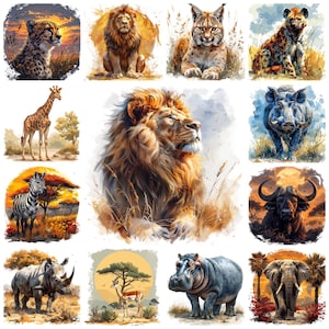 47 Africa Savannah Animali PNG Clipart, Acquerello Savanna Wildlife Safari Leone, Ghepardo, Elefante, Rinoceronte, Zebra, Giraffa, Uso commerciale