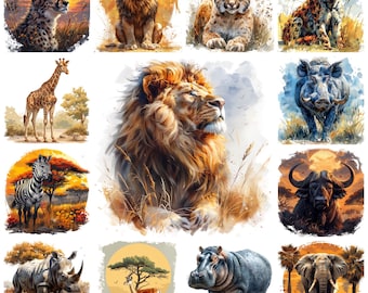 47 Africa Savannah Animals PNG Clipart , Watercolor Savanna Wildlife Safari Lion, Cheetah, Elephant, Rhino, Zebra, Giraffe, Commercial Use