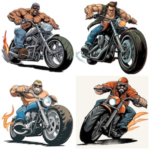 May include: Four cartoon illustrations of people riding motorcycles. The motorcycles are all black with chrome accents. The people are all wearing leather jackets and jeans. The backgrounds are all white. The motorcycles have flames coming out of the exhaust pipes.