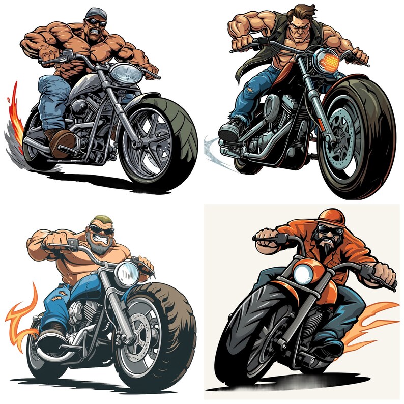 May include: Four cartoon illustrations of people riding motorcycles. The motorcycles are all black with chrome accents. The people are all wearing leather jackets and jeans. The backgrounds are all white. The motorcycles have flames coming out of the exhaust pipes.