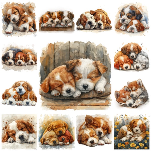 Sleeping Puppies PNG Clipart, Watercolor 43 Adorable Peaceful Puppies Dream Illustration, Puppy Nap Transparent Pictures, Cute Sleeping Dogs