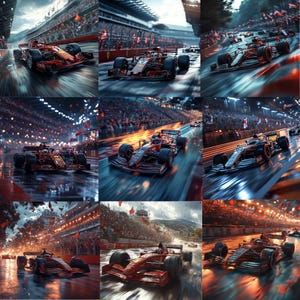 May include: A red race car speeds down a track with a crowd of people cheering in the background. The car is blurred due to its speed, and the track is wet from rain.
