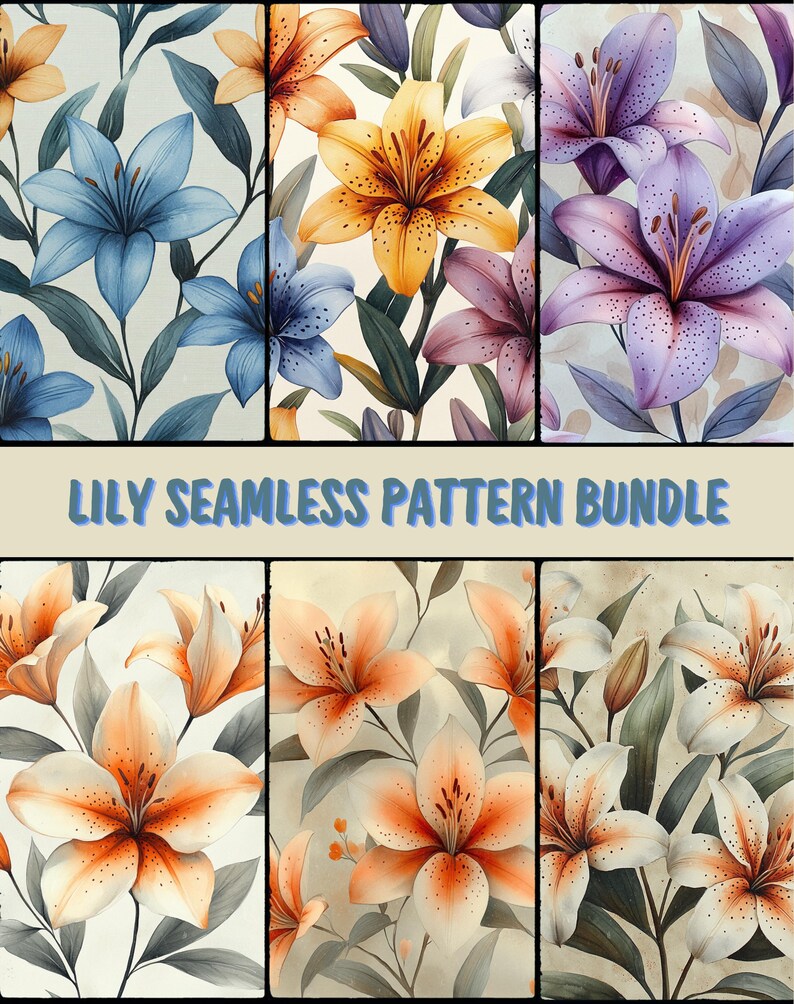 Watercolor Lily Flower Seamless Pattern PNG Bundle (digital Download ...