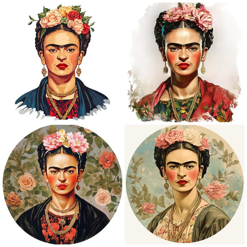 May include: Four digital illustrations of Frida Kahlo, a famous Mexican painter, with a flower crown and traditional Mexican clothing. Each image features a different background, including a white background, a watercolor background, and two floral backgrounds.
