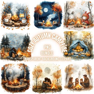 Puede incluir: Un conjunto de seis ilustraciones digitales que representan escenas acogedoras de fogatas de otoño. Las ilustraciones incluyen parejas, familias, animales y una tienda de campaña, todos disfrutando del calor de una fogata en un entorno boscoso. Las ilustraciones están en un estilo de acuarela con una sensación suave y de ensueño.