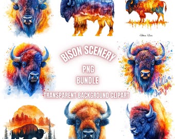 25 American Bison PNG Clipart Bundle, Watercolor Bison Wild Life Landscape Illustration, Colour Bison Wall Art Sublimation, Commercial Use
