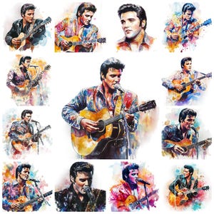 Paquete de 36 imágenes prediseñadas PNG de Elvis Presley, ilustración en acuarela de la leyenda del Elvis, rey del rock, imagen del rey del rock and roll de Elvis Presley, uso comercial