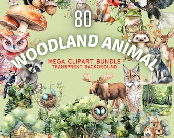 Watercolor Woodland Animals Clipart Bundle, Forest Scenery PNGs (Commercial Use)