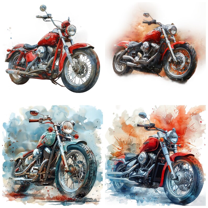 May include: Four red motorcycles with chrome accents are depicted in a watercolor style. Each motorcycle has a different background, with two of the motorcycles having a watercolor splatter effect.