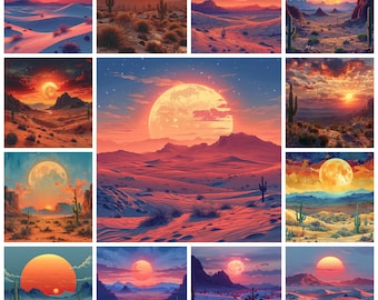 Clipart aquarelle coucher de soleil dans le désert PNG, art du paysage bohème (téléchargement numérique)