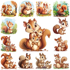 30 Cartoon Red Squirrel PNG Clipart, Adorabile famiglia di scoiattoli rossi Illustrazione di vivaio, Carino scoiattolo divertente con coda folta, Uso commerciale