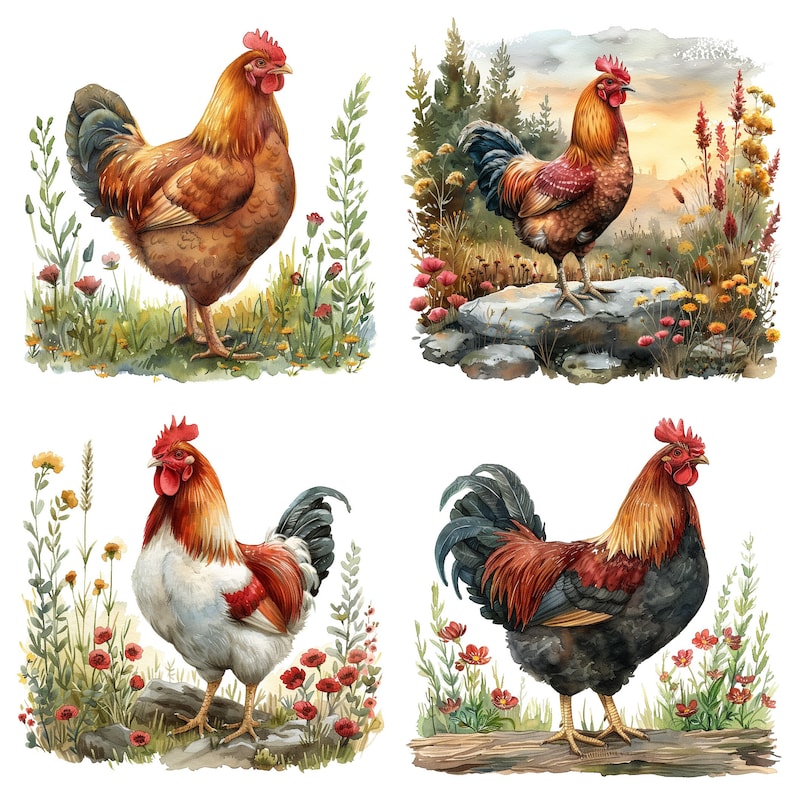May include: Four watercolor paintings of roosters with different colored feathers and backgrounds. The roosters are depicted in a realistic style with detailed feathers and expressions.