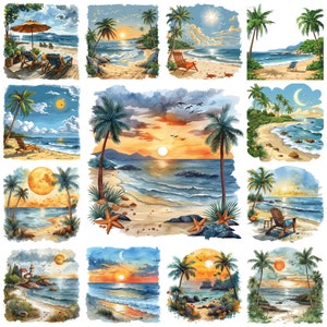 May include: A collage of 10 watercolor paintings depicting tropical beach scenes. Each painting features a different sunset or sunrise over the ocean, with palm trees, sandy beaches, and clear blue water.