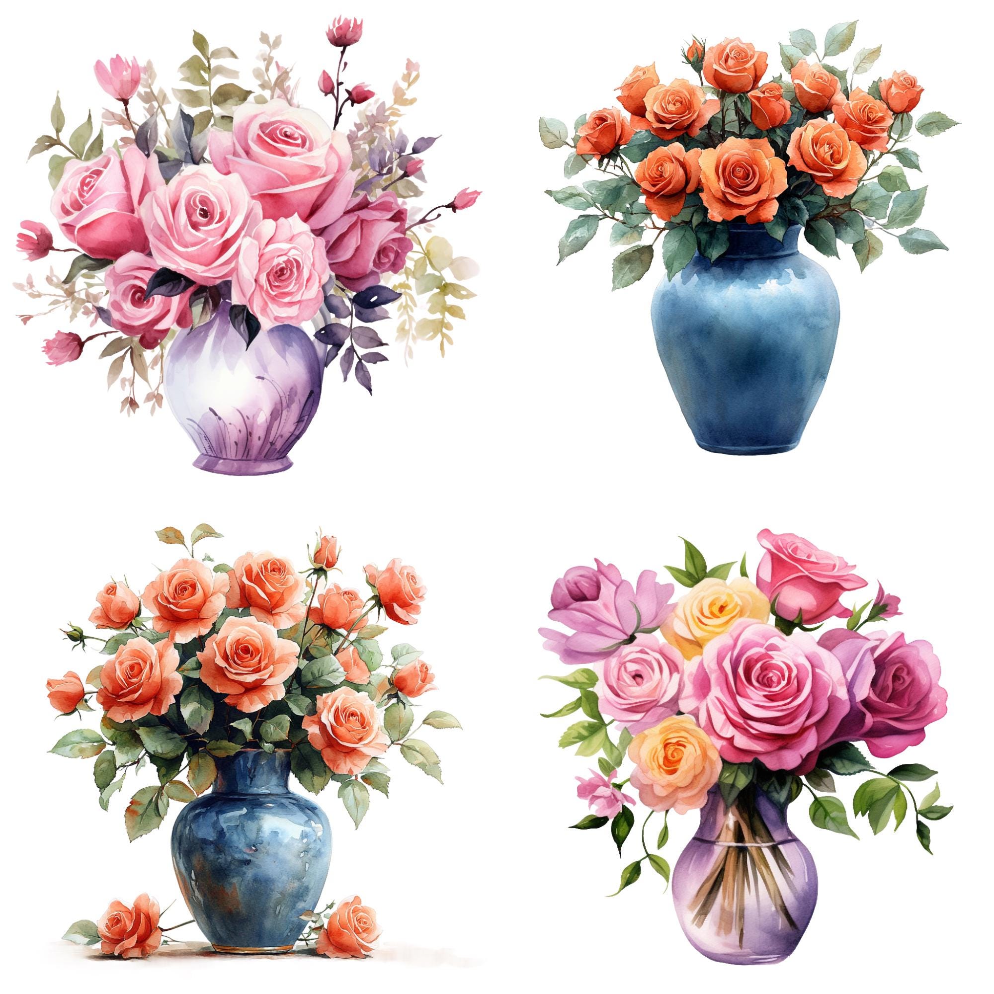 Watercolor Roses in Vase PNG Clipart Bundle (commercial Use) - Etsy