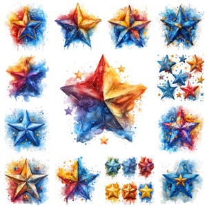 37 Colorful Star PNG Clipart Bundle, Watercolor Star Transparent Background Illustration, Star Decoration Digital Craft, Commercial Use