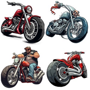 May include: Four cartoon illustrations of motorcycles. The first motorcycle is red with a black seat and black wheels. The second motorcycle is blue with a black seat and black wheels. The third motorcycle is red with a black seat and black wheels. The fourth motorcycle is red with a black seat and black wheels.