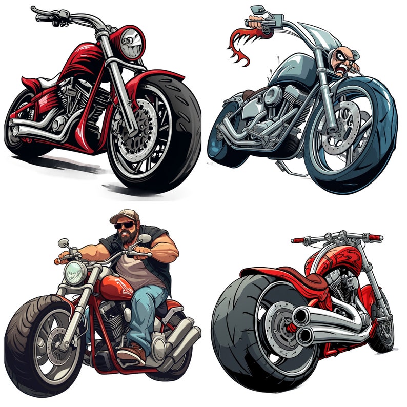 May include: Four cartoon illustrations of motorcycles. The first motorcycle is red with a black seat and black wheels. The second motorcycle is blue with a black seat and black wheels. The third motorcycle is red with a black seat and black wheels. The fourth motorcycle is red with a black seat and black wheels.