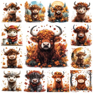 May include: A collection of 10 digital illustrations featuring cute cartoon Highland cows with autumn leaves and flowers. The cows are wearing floral crowns and have different expressions.