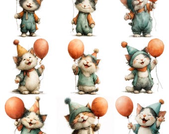 Pacchetto di clipart PNG con 30 gattini di compleanno, immagini di simpatici gattini acquerellati con palloncini, file PNG stampabili con gatti per feste di compleanno fantasiose