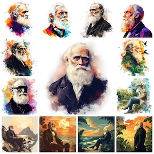 36 Charles Darwin PNG Clipart Bundle, Illustrazione del ritratto di Darwin ad acquerello, Immagine della teoria di Darwin, Creazione di biglietti, Artigianato di carta, Uso commerciale