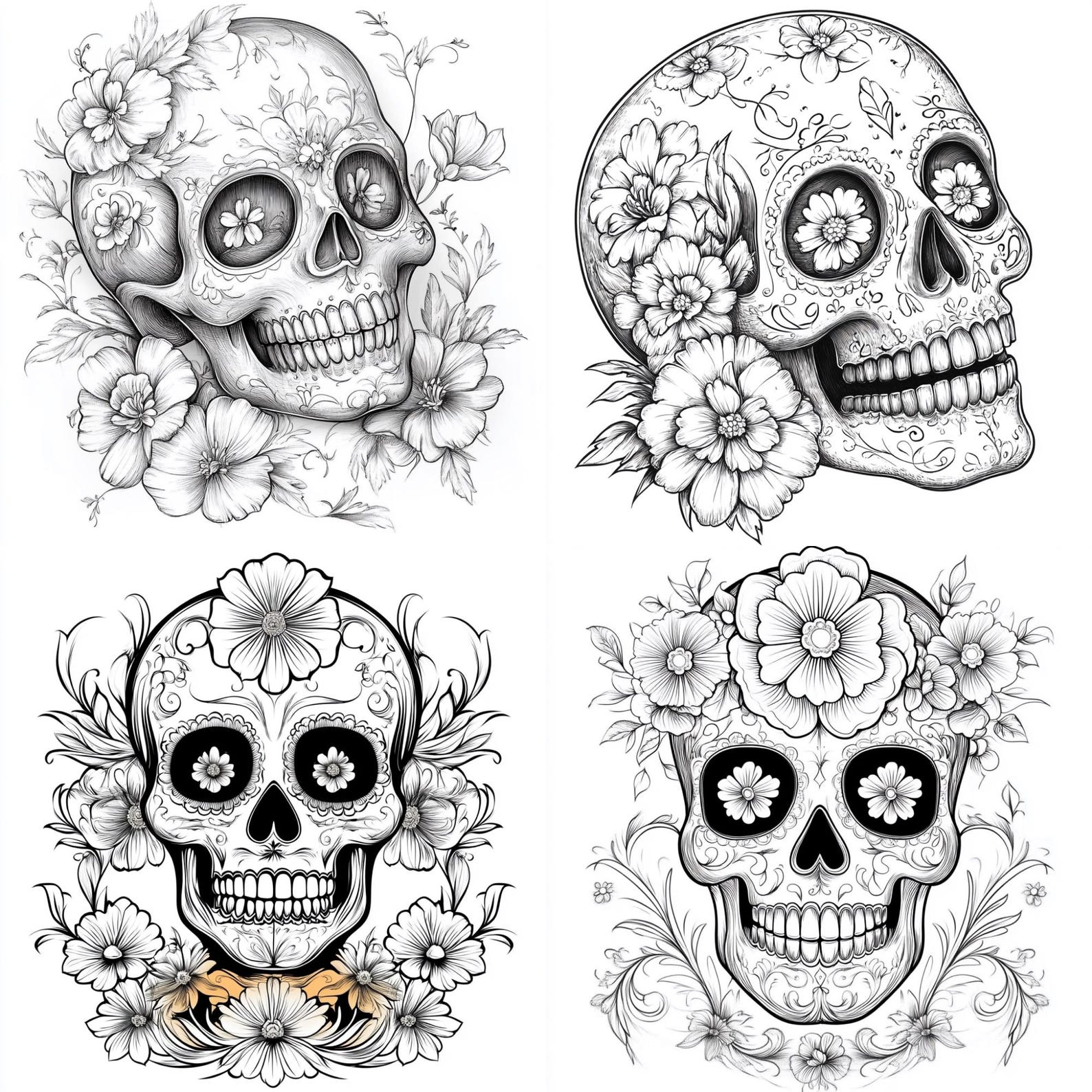 Floral Sugar Skull Line Art, PNG Clipart Bundle (commercial Use) - Etsy
