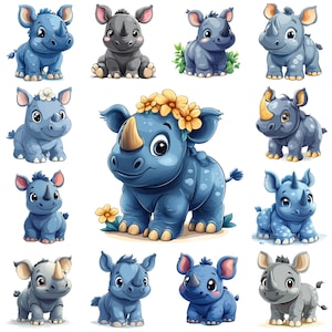 41 Cute Rhino PNG Clipart Bundle, Cartoon Adorable Baby Rhino Transparent Illustration, Funny Nursery Animal Images, Commercial License